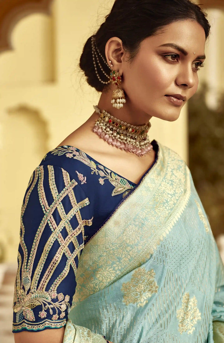 Mesmerizing Sky Blue Party Wear Saree in Dola Silk Fabric