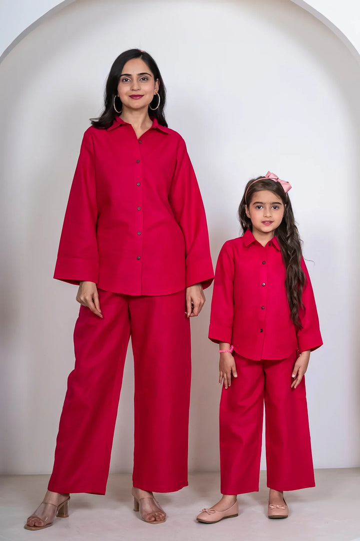 Fuchsia Pink Cotton Mommy & Me Matching Outfit Set: Shirt & Pants Co-Ord