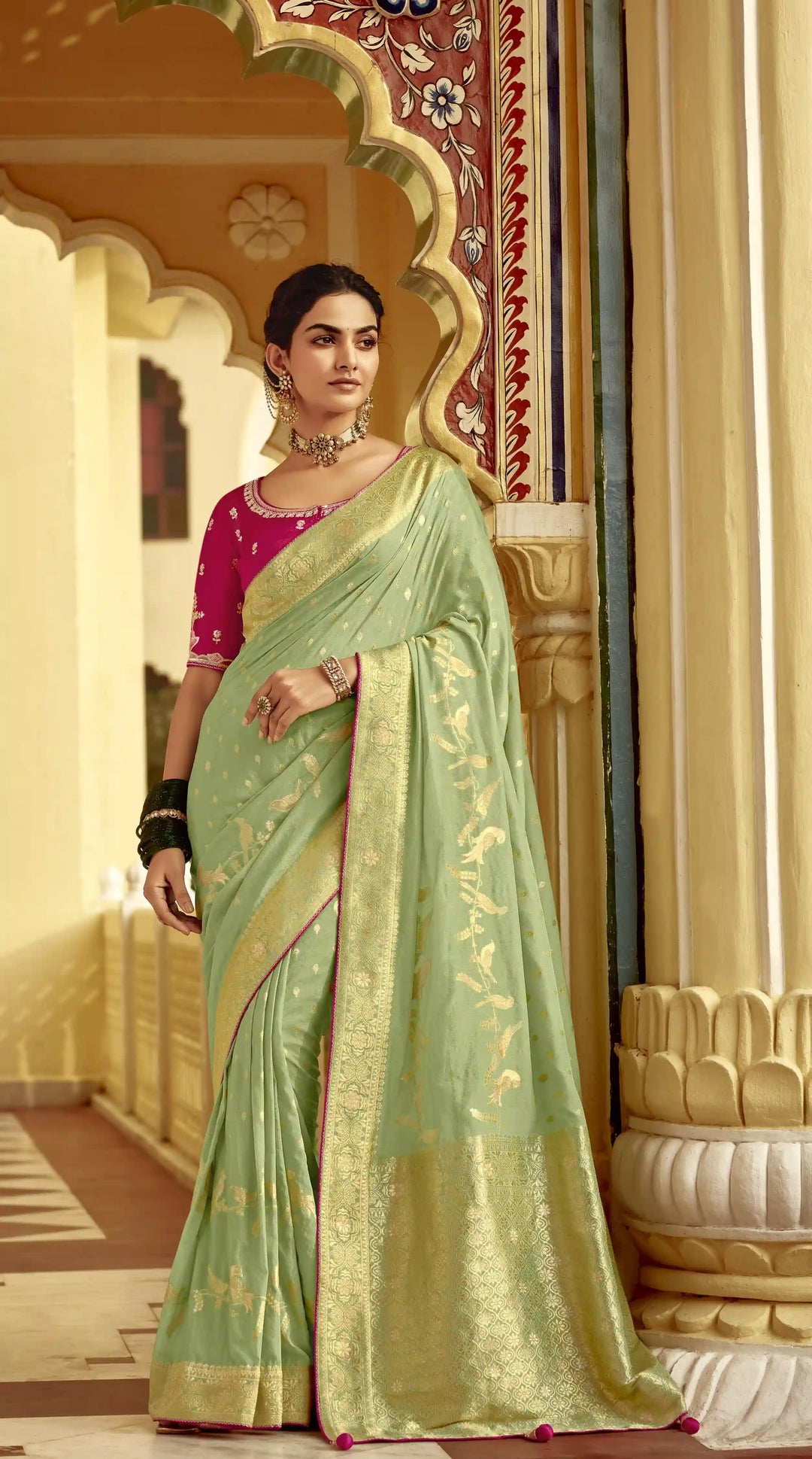Rich Pista Green Dola Silk Saree – Embroidery Work with a Regal Touch