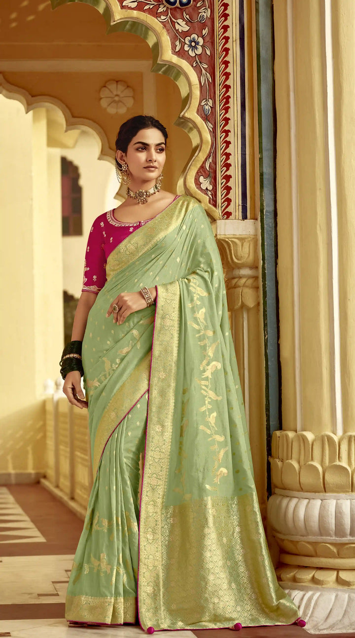 Rich Pista Green Dola Silk Saree – Embroidery Work with a Regal Touch