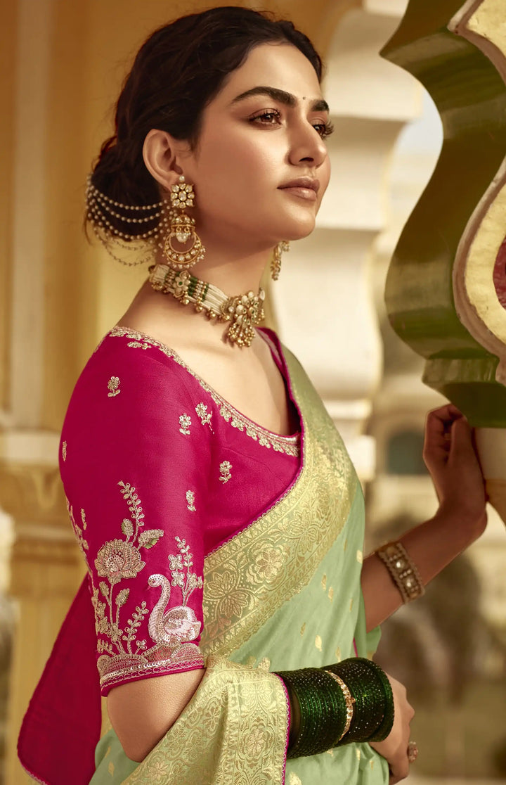 Rich Pista Green Dola Silk Saree – Embroidery Work with a Regal Touch