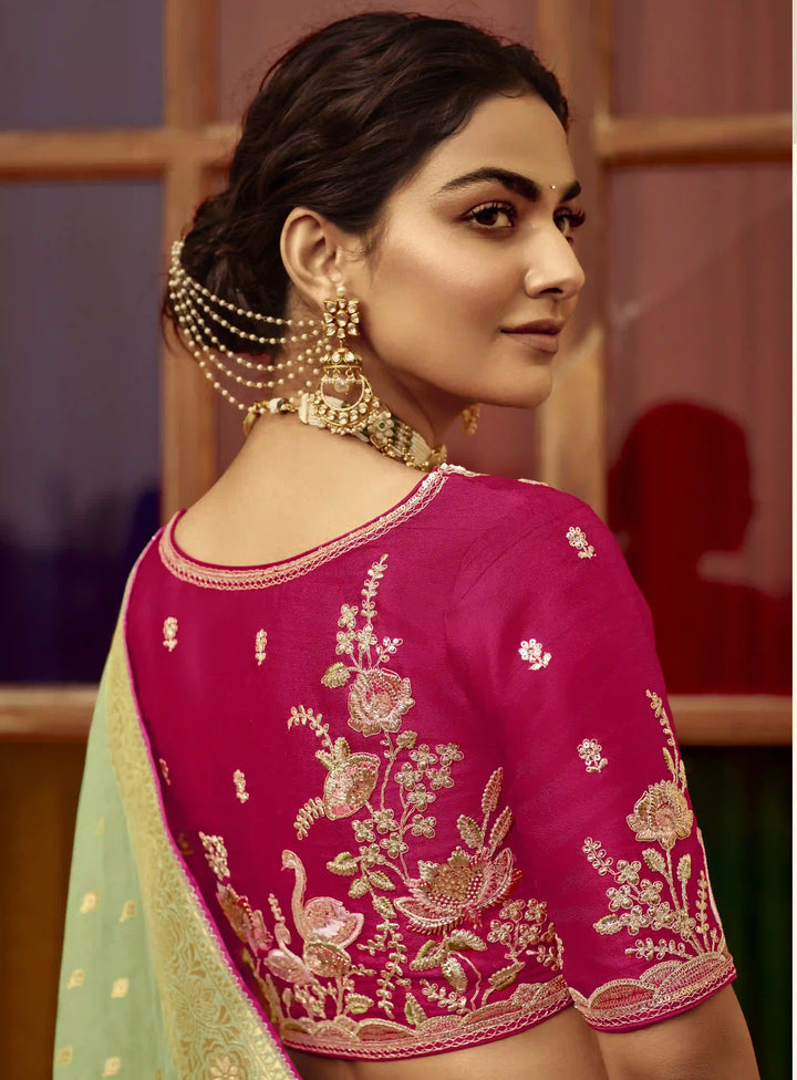 Rich Pista Green Dola Silk Saree – Embroidery Work with a Regal Touch