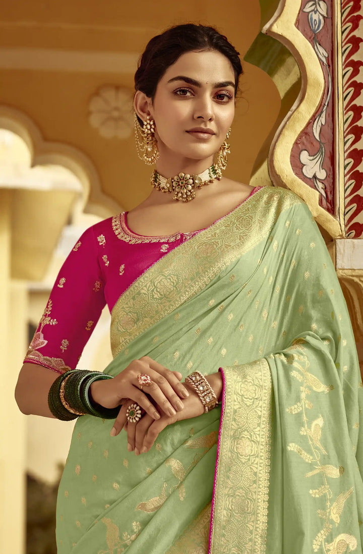 Rich Pista Green Dola Silk Saree – Embroidery Work with a Regal Touch