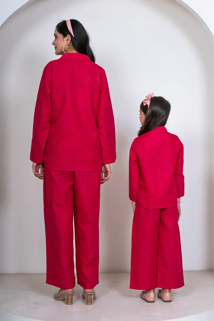 Fuchsia Pink Cotton Mommy & Me Matching Outfit Set: Shirt & Pants Co-Ord