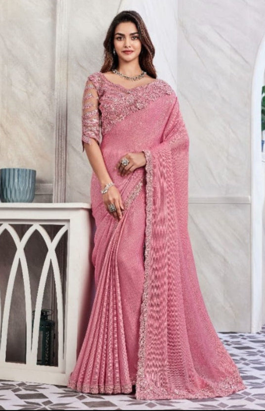 Baby Pink Shimmer Silk Saree | Elegant Indian Sari for Special Occasions