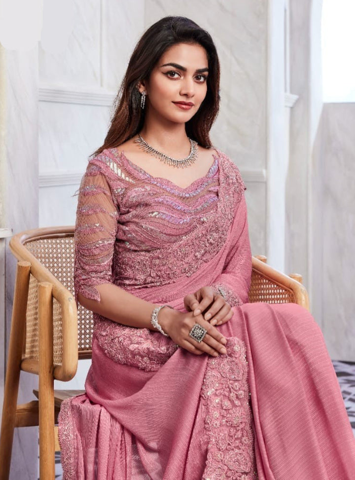 Baby Pink Shimmer Silk Saree | Elegant Indian Sari for Special Occasions