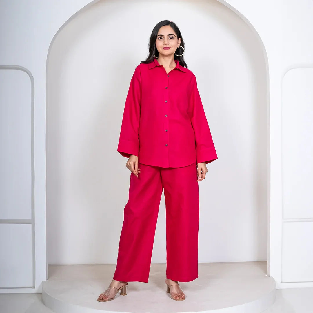 Fuchsia Pink Pant with Shirt Co ord Set for Women