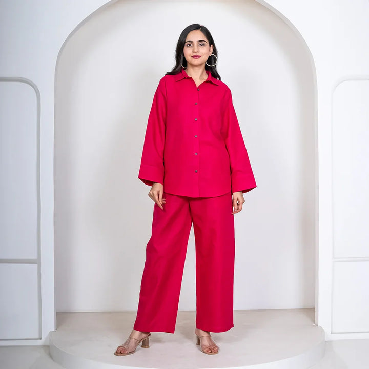Fuchsia Pink Pant with Shirt Co ord Set for Women