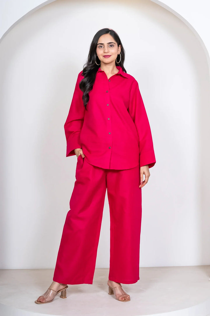 Fuchsia Pink Cotton Mommy & Me Matching Outfit Set: Shirt & Pants Co-Ord
