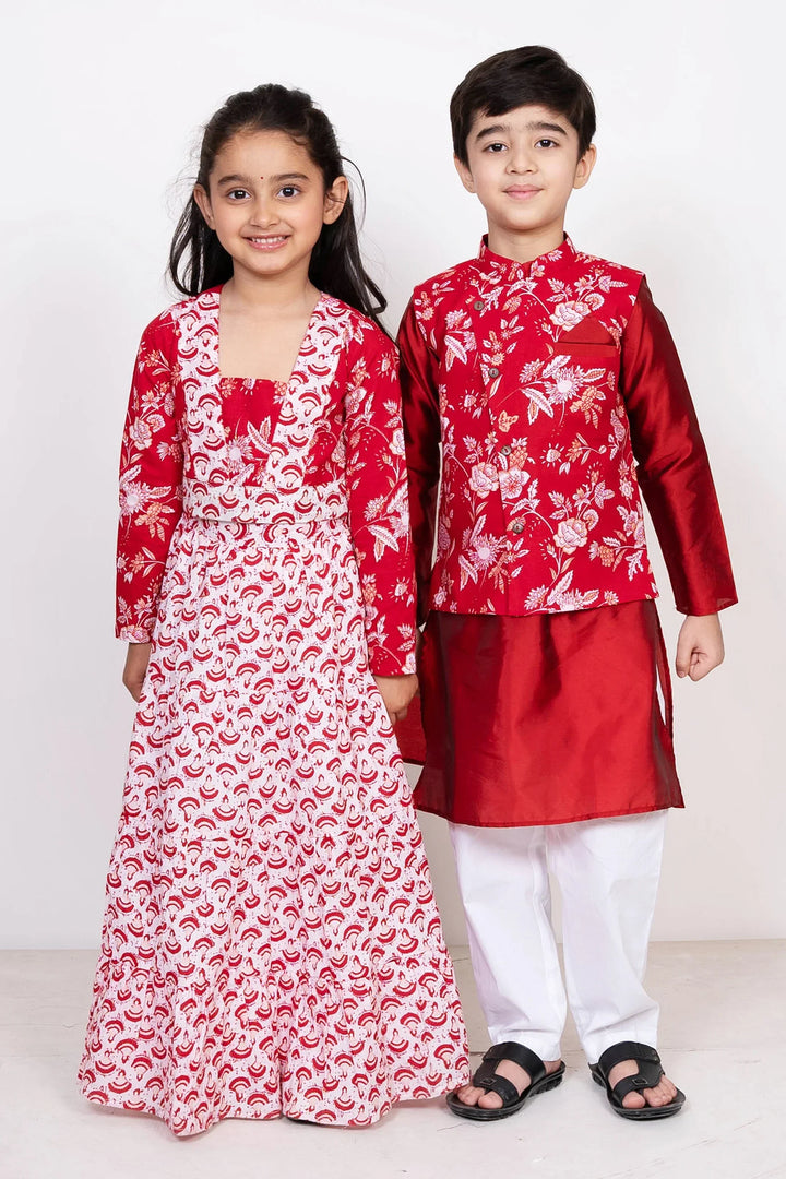 Maroon & White Floral Rubta Lehenga With Matching Kurta & Pyjama for Brother-Sister Duo