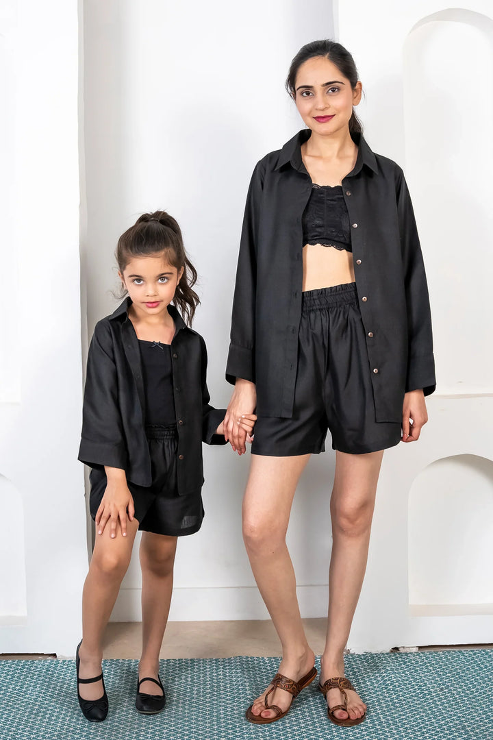 Black Cotton Collar Neck Matching Outfits for Mom and Daughter - Shorts with Shirt Co-ord Set