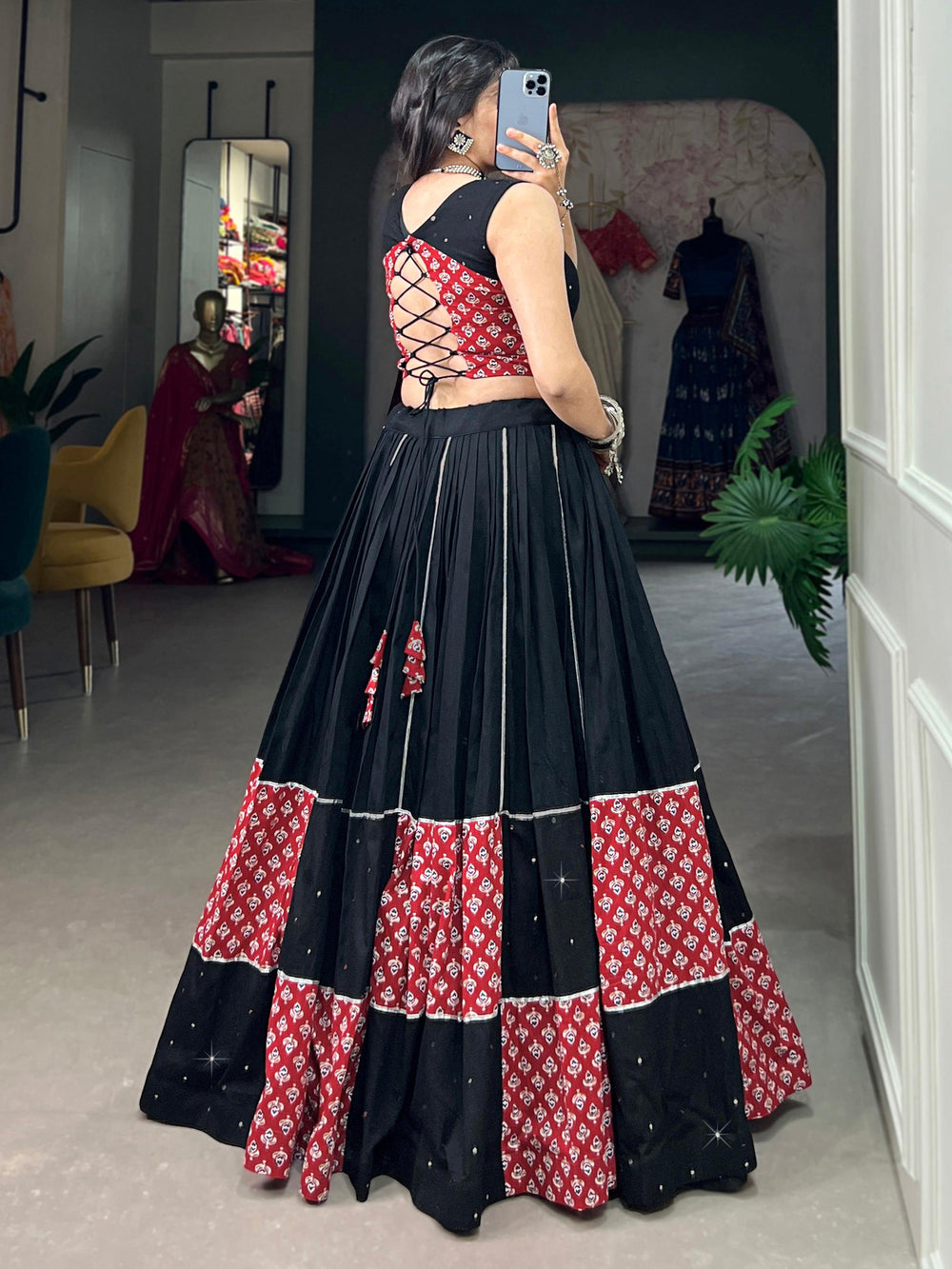 Spectacular Black Printed Cotton Navratri Wear Lehenga Choli
