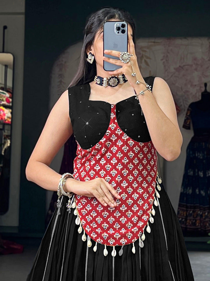 Spectacular Black Printed Cotton Navratri Wear Lehenga Choli