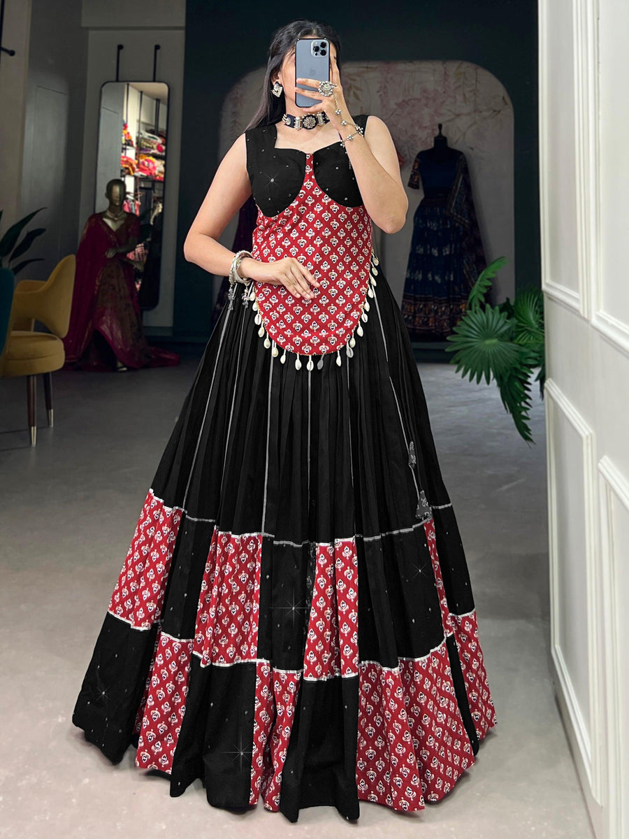 Spectacular Black Printed Cotton Navratri Wear Lehenga Choli