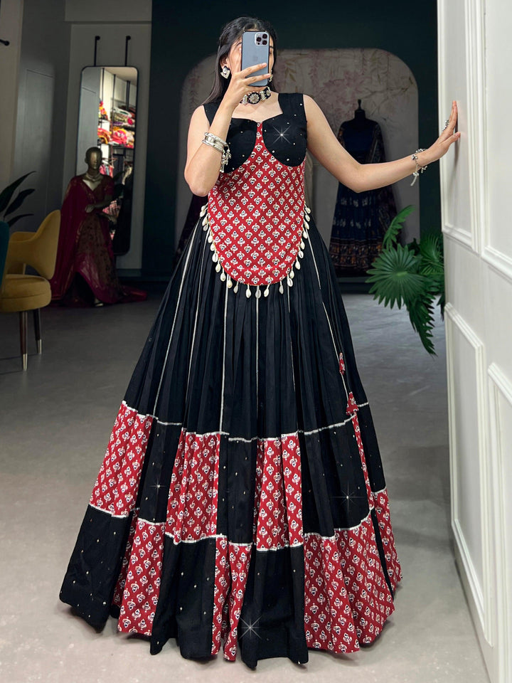 Spectacular Black Printed Cotton Navratri Wear Lehenga Choli