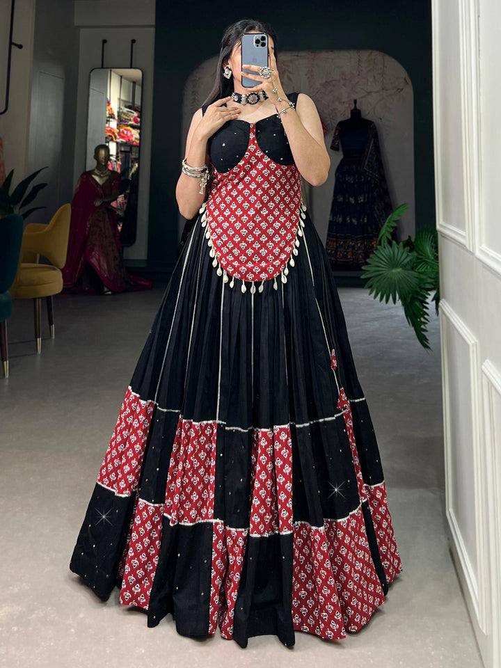 Spectacular Black Printed Cotton Navratri Wear Lehenga Choli
