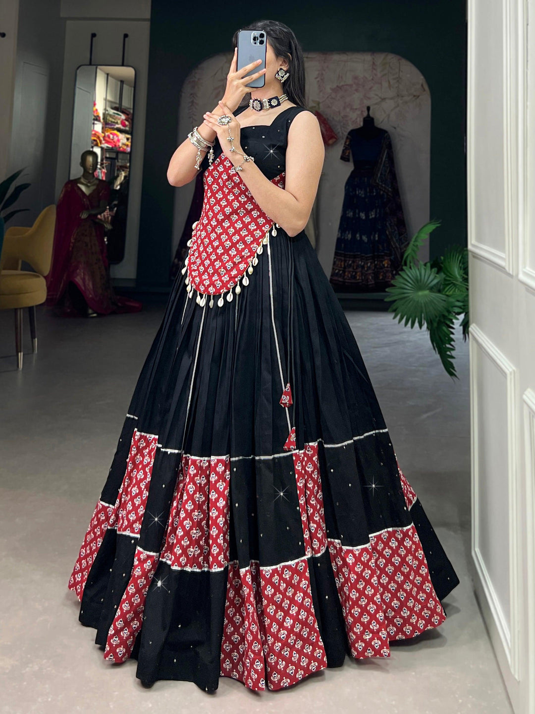 Spectacular Black Printed Cotton Navratri Wear Lehenga Choli