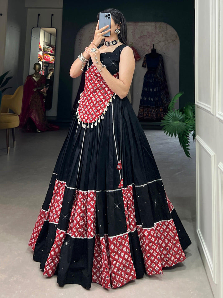 Spectacular Black Printed Cotton Navratri Wear Lehenga Choli
