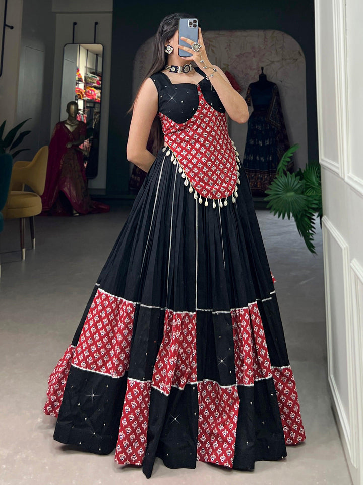 Spectacular Black Printed Cotton Navratri Wear Lehenga Choli