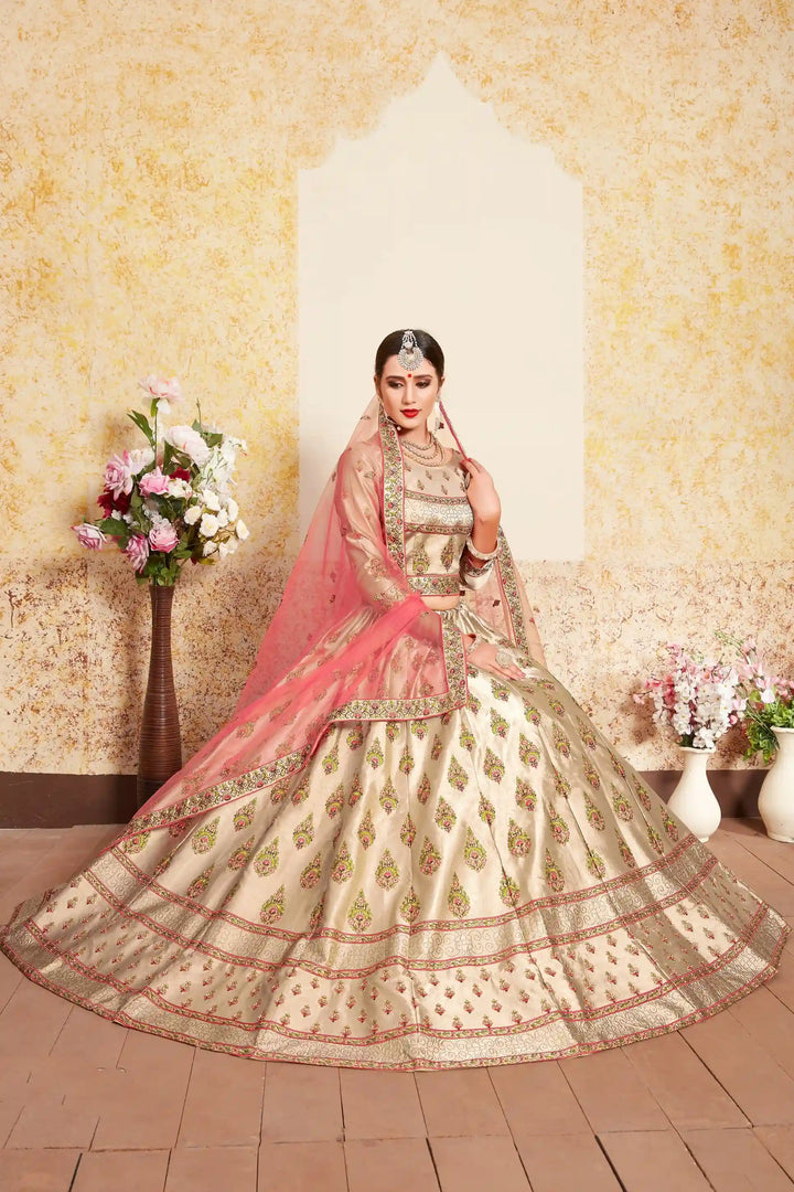 Satin Lehenga Choli with Embroidered Blouse | Wedding Lehenga Set