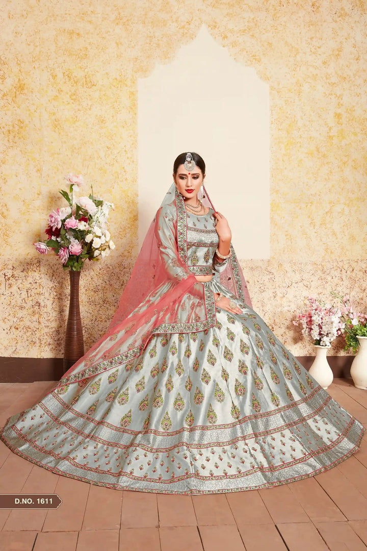 Satin Lehenga Choli with Embroidered Blouse | Wedding Lehenga Set