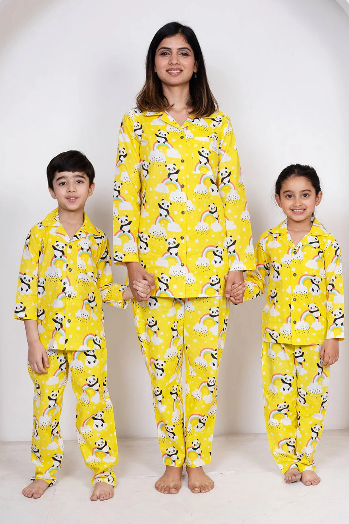 Lemony Yellow and White Floral Printed Night Suit Set For Mom Son & Daughter