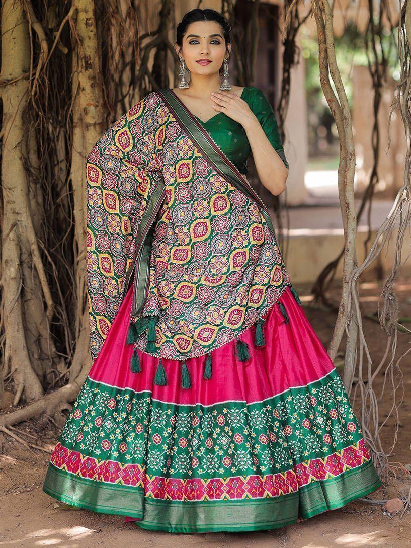 Fabulous Pink Green Patola Printed | Silk Garba Wear Lehenga Choli Exclusive