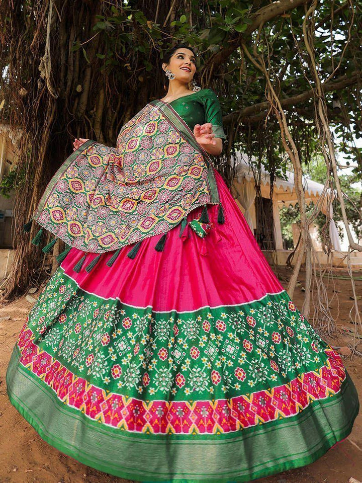 Fabulous Pink Green Patola Printed | Silk Garba Wear Lehenga Choli Exclusive