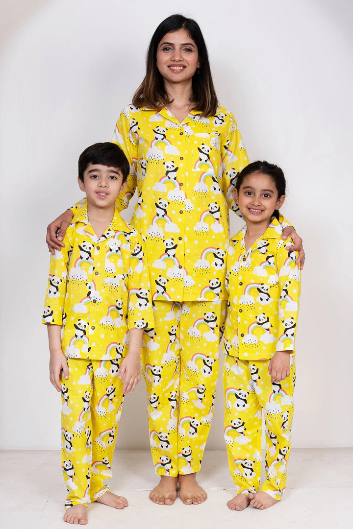 Lemony Yellow and White Floral Printed Night Suit Set For Mom Son & Daughter