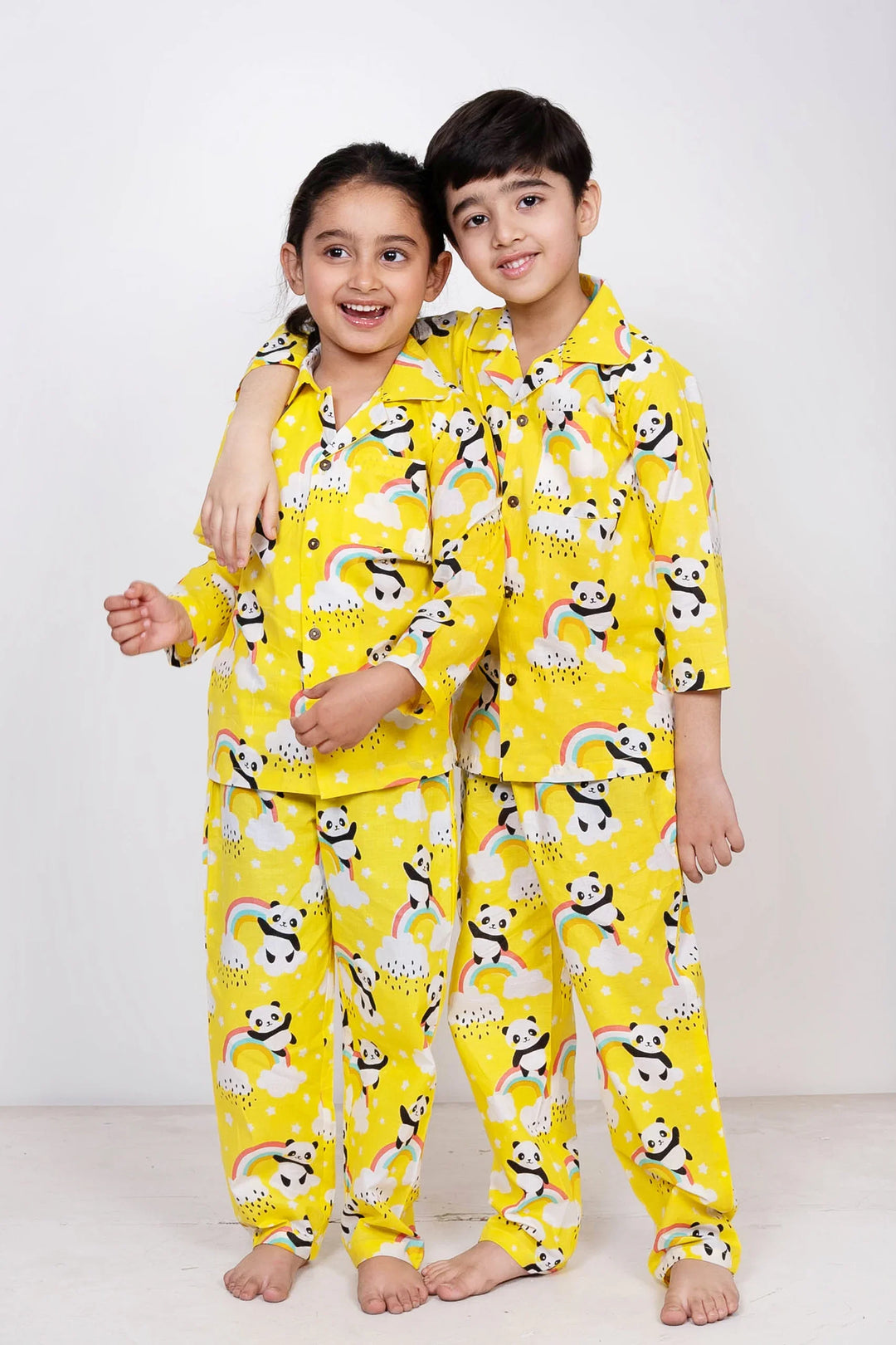Lemony Yellow and White Floral Printed Night Suit Set For Mom Son & Daughter