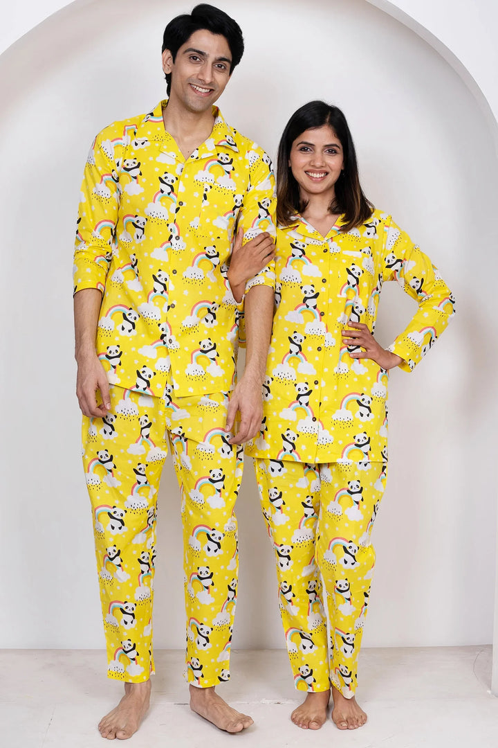 Lemony Yellow and White Floral Printed Night Suit Set For Couple
