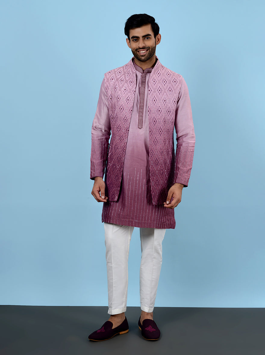 Stylish pink silk Indo Western kurta for men, regular fit with embroidery