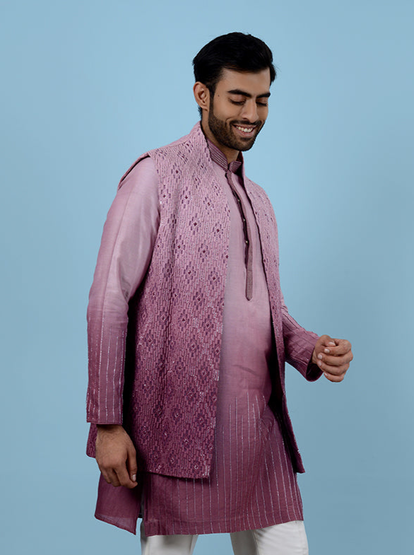 Elegant Pink Silk Blend Indo Western | Embroidered Regular Fit Kurta