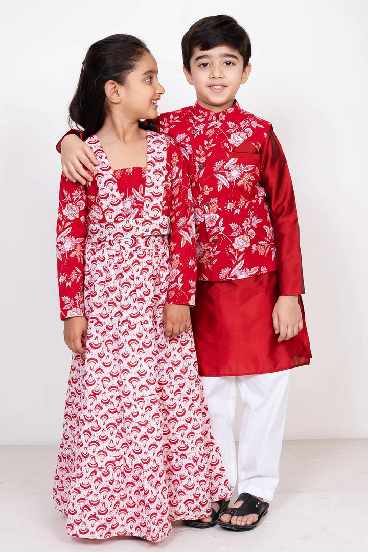 Maroon & White Floral Rubta Lehenga With Matching Kurta & Pyjama for Brother-Sister Duo