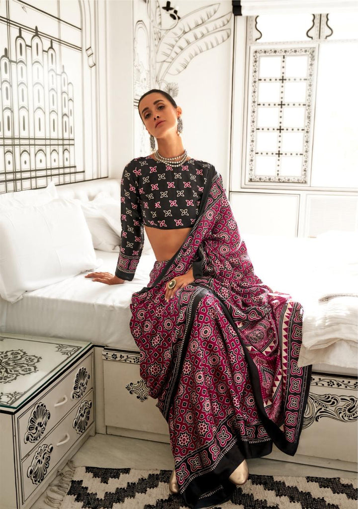 Traditional Indian saree in satin crepe with luxurious digital prints