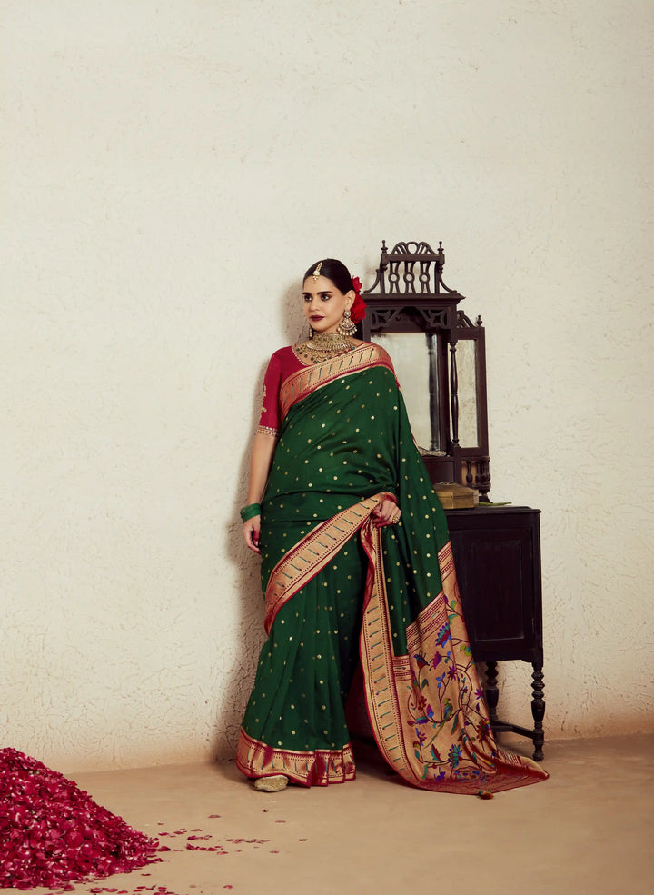 Beautiful Dark Green Silk Saree with Embroidery & Dupin Blouse
