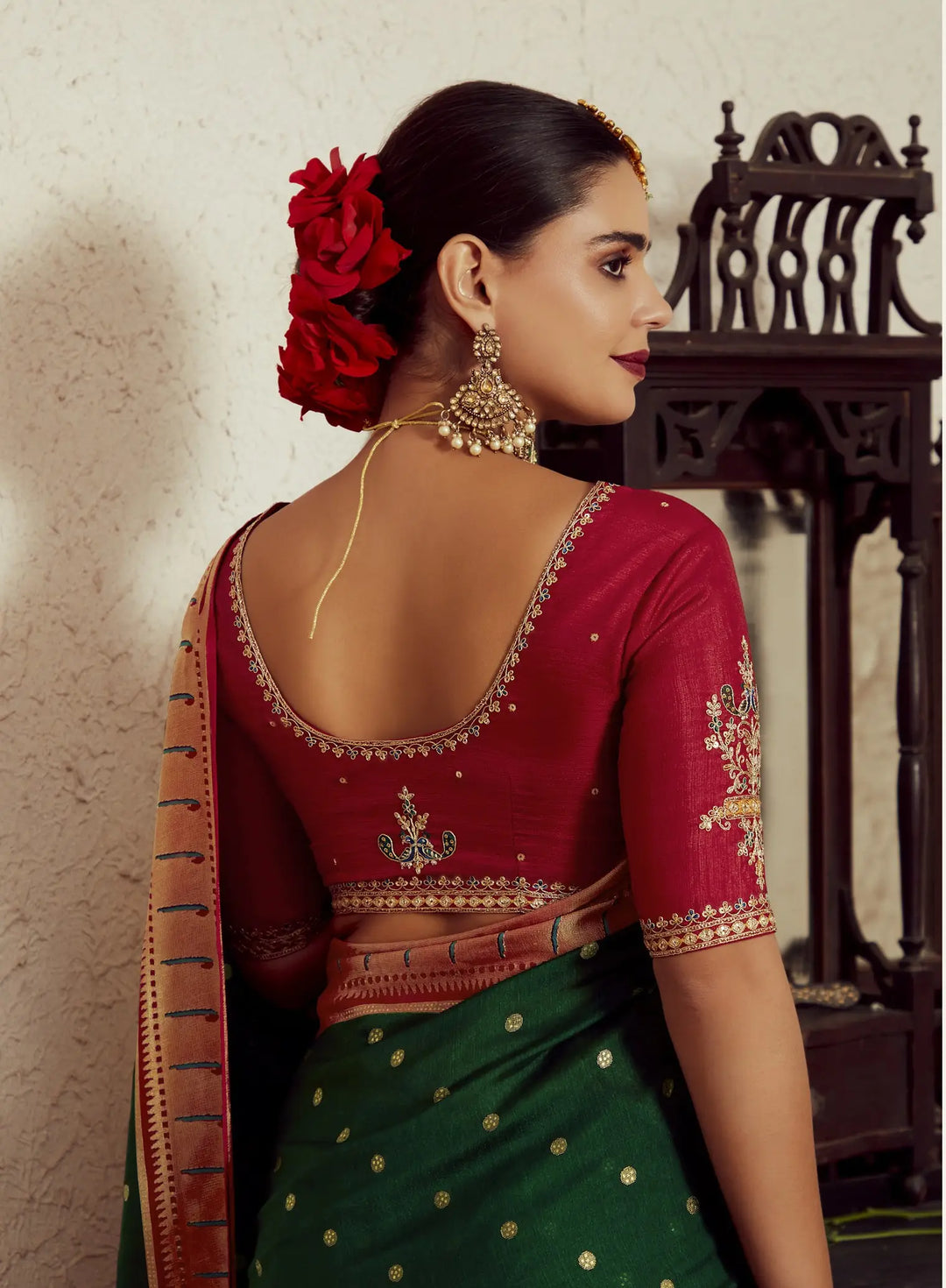 Beautiful Dark Green Silk Saree with Embroidery & Dupin Blouse