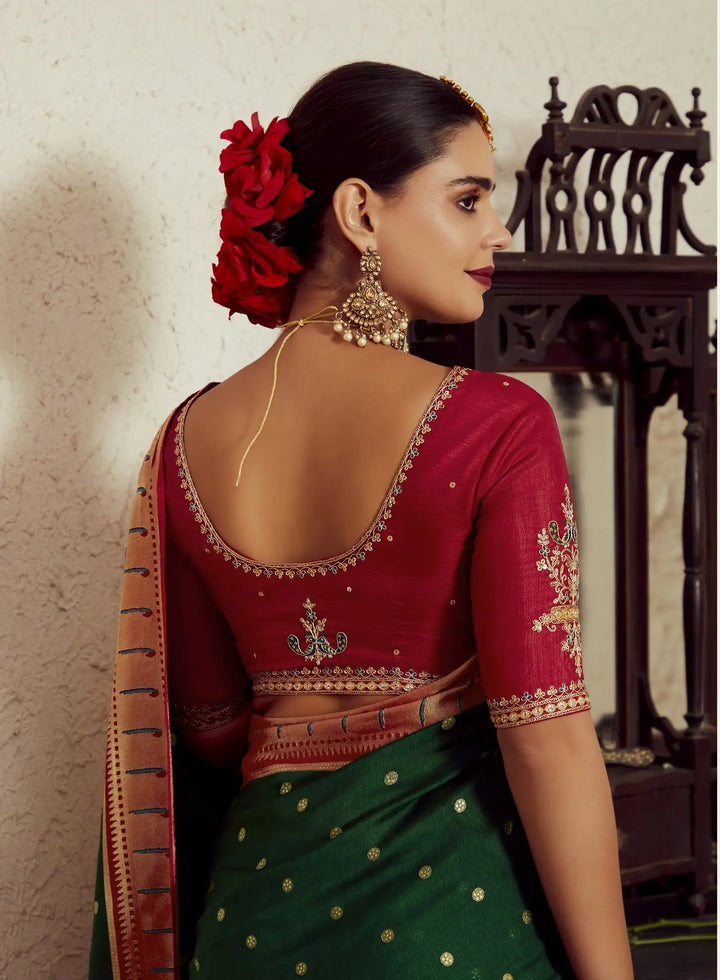 Beautiful Dark Green Silk Saree with Embroidery & Dupin Blouse