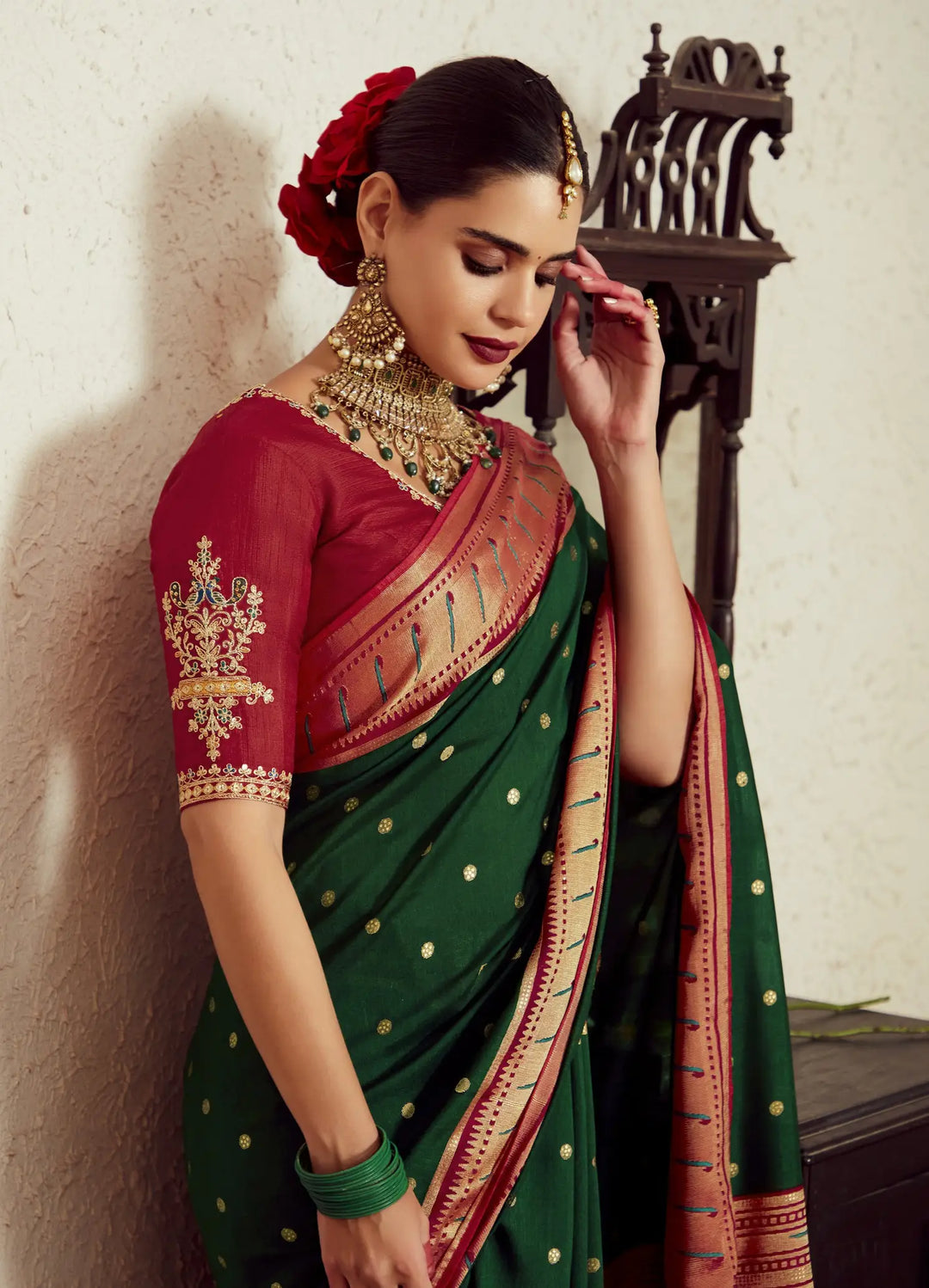 Beautiful Dark Green Silk Saree with Embroidery & Dupin Blouse