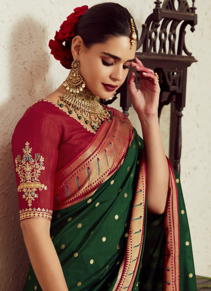 Beautiful Dark Green Silk Saree with Embroidery & Dupin Blouse
