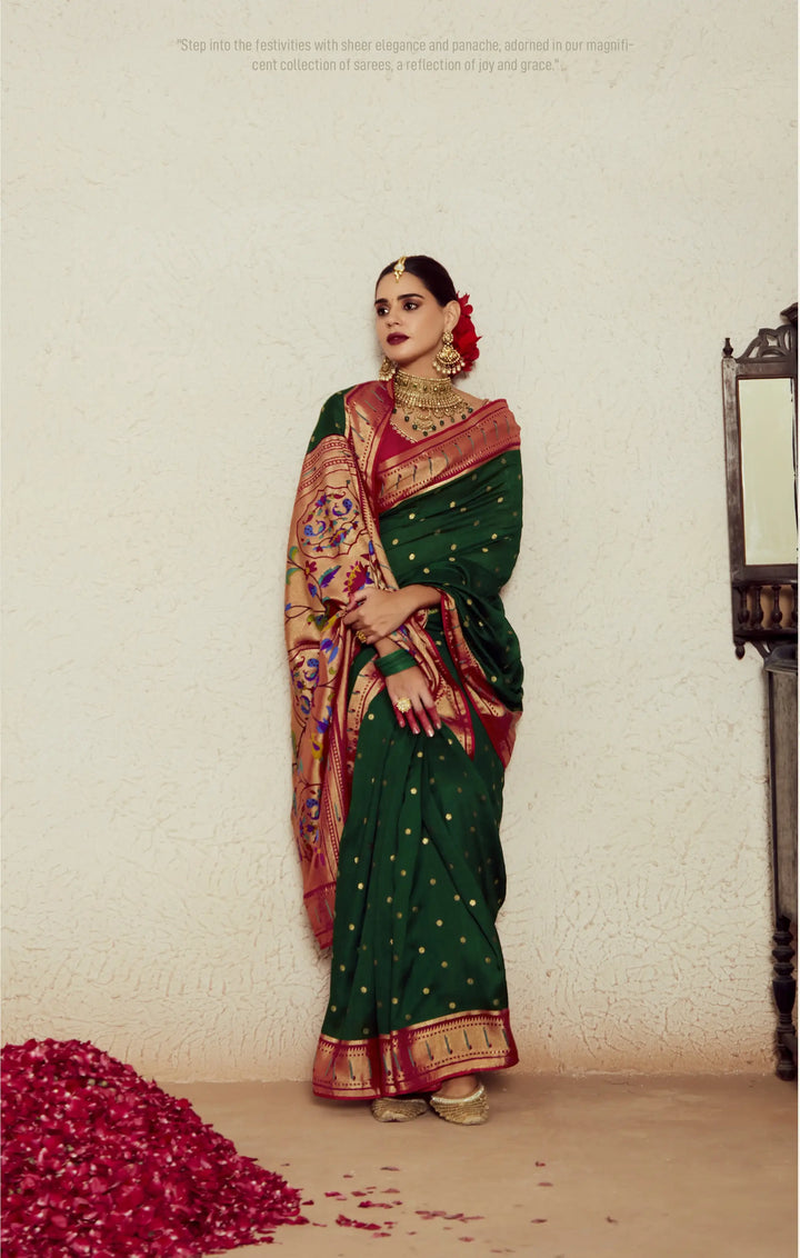 Beautiful Dark Green Silk Saree with Embroidery & Dupin Blouse