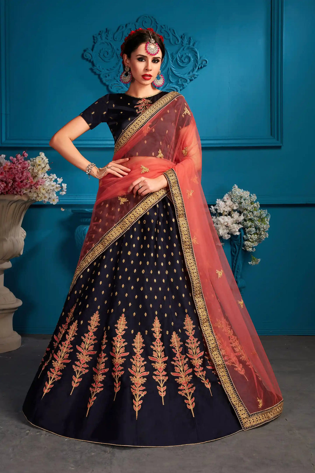 Elegant Navy Blue Lehenga Choli | Pink Dupatta for Women