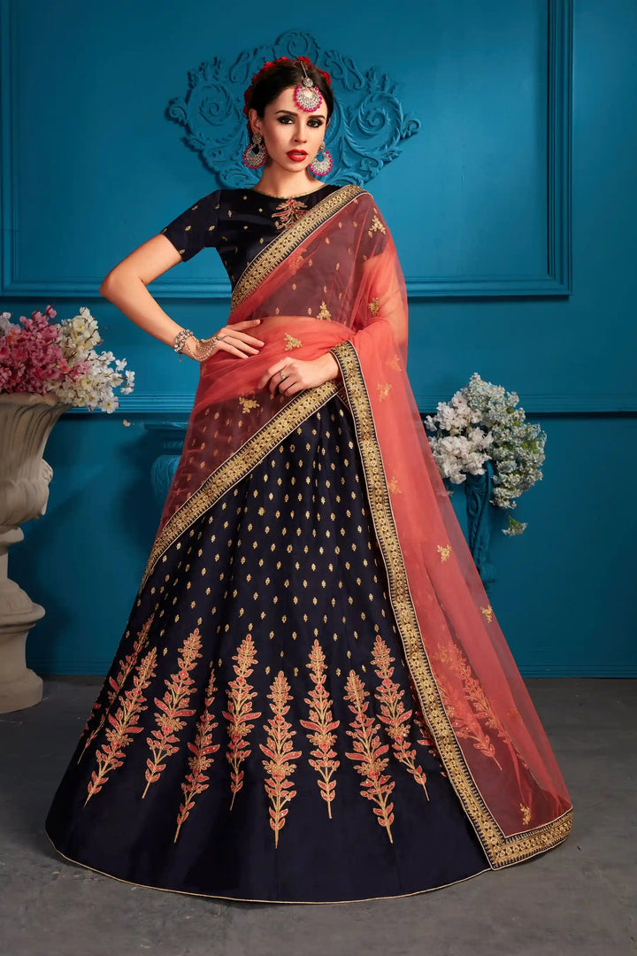 Elegant Navy Blue Lehenga Choli | Pink Dupatta for Women