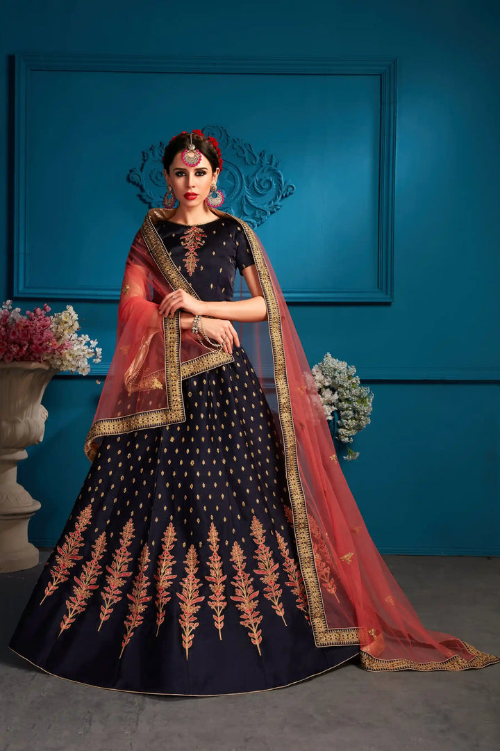 Elegant Navy Blue Lehenga Choli | Pink Dupatta for Women