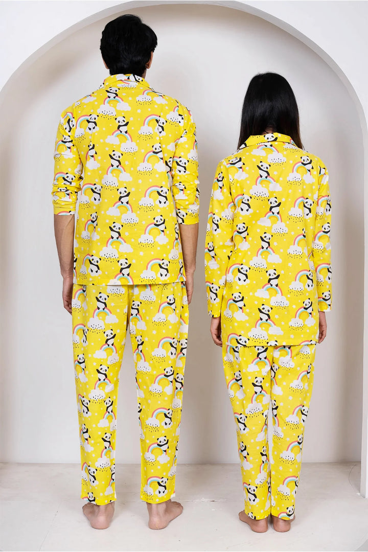 Lemony Yellow and White Floral Printed Night Suit Set For Couple