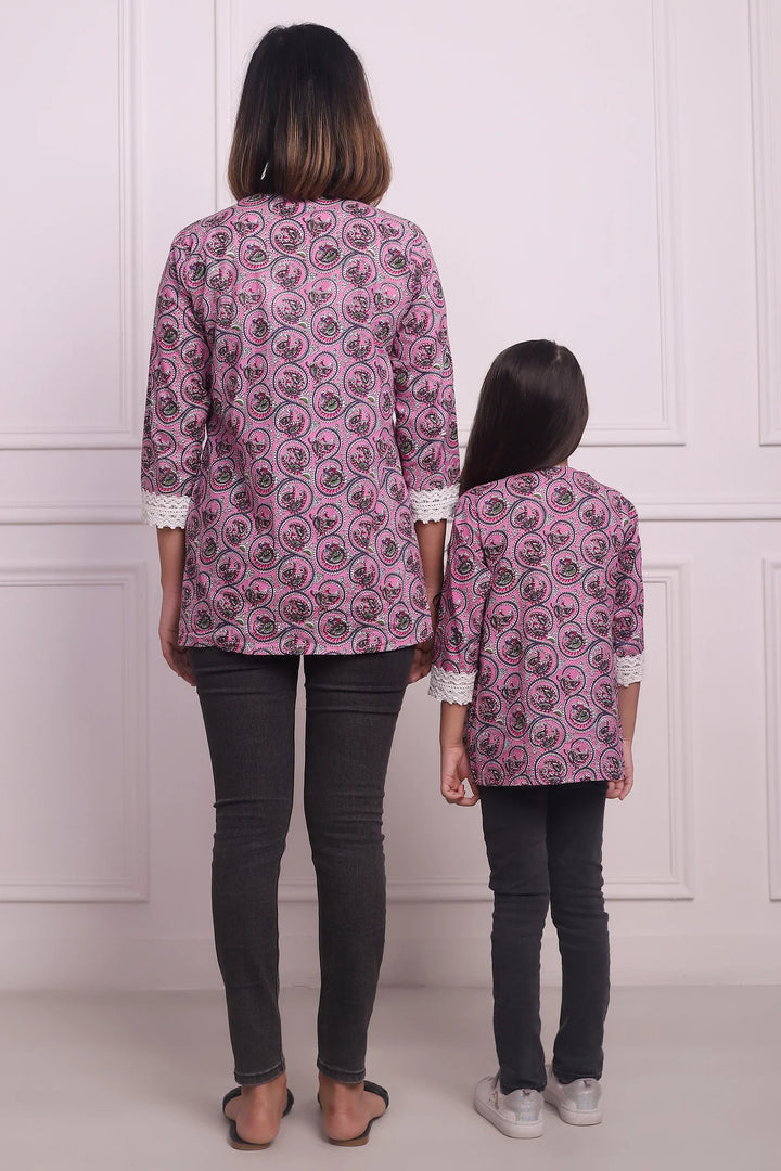 Elegant Petals: Mom and Daughter Twin Set in Baby Pink Floral Print