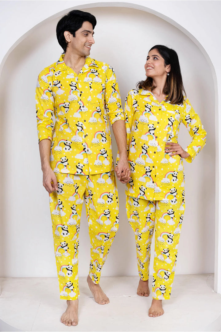 Lemony Yellow and White Floral Printed Night Suit Set For Couple