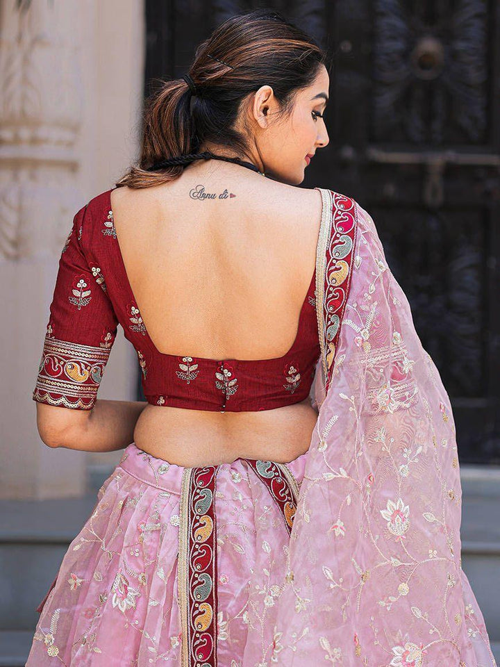 Fabulous Light Pink Thread Embroidery | Organza Lehenga With Red Choli Fashionable