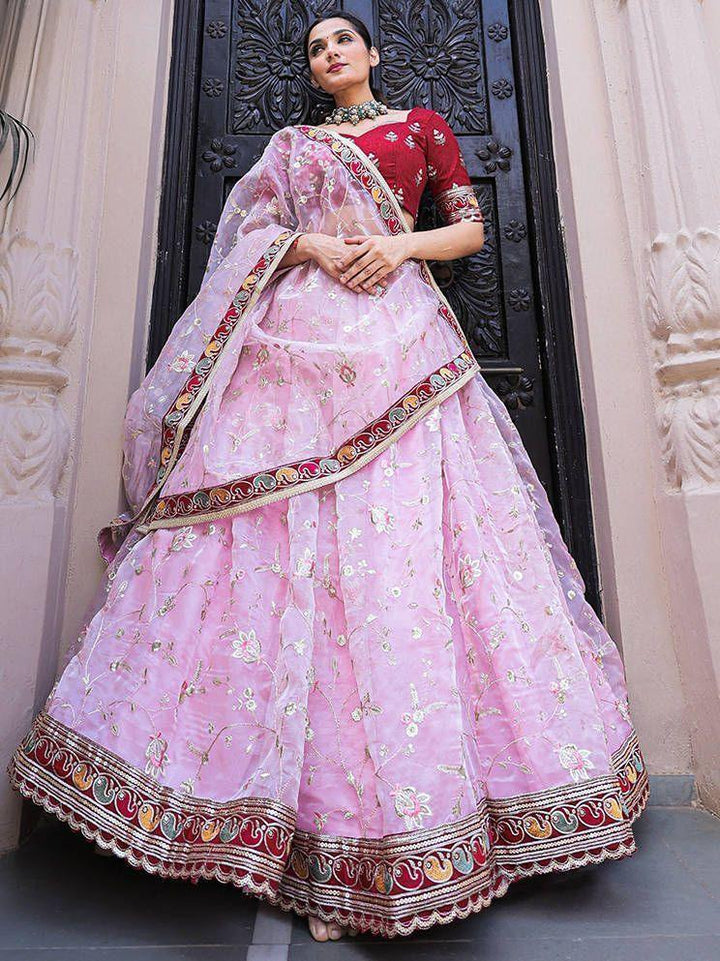 Fabulous Light Pink Thread Embroidery | Organza Lehenga With Red Choli Fashionable