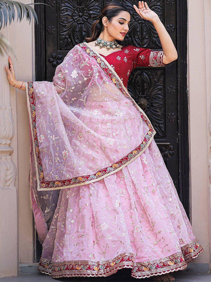 Fabulous Light Pink Thread Embroidery | Organza Lehenga With Red Choli Fashionable